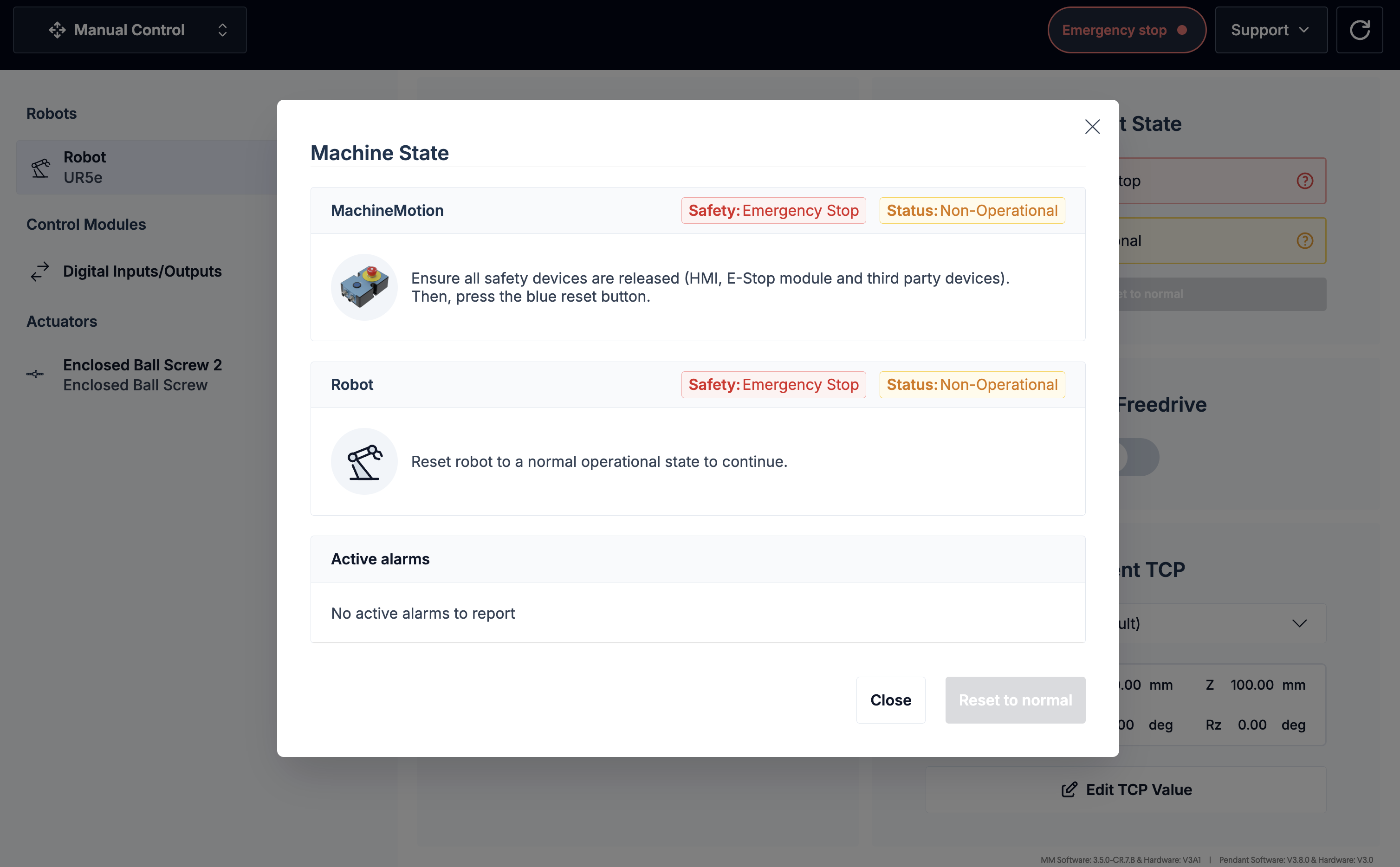 Machine state showing emergency stop and reset instructions for the robot system.